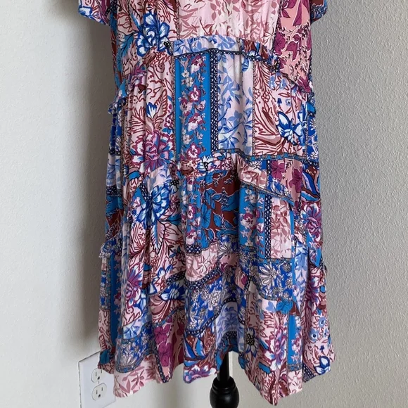 By Anthropologie Robin Tiered Mini Dress L Boho Floral Festival Flowy Patchwork - Picture 6 of 17